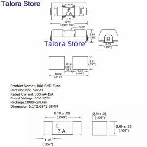 고온 내성 1808/2410 SMD 퓨즈 거치대 0451 고속 0.5A 1A 2A 6.3A -15A 125V 65V 01550900m 10 개