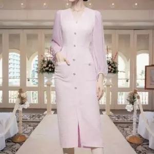 원피스 홀복 상견례 드레스 버튼 트위드 롱 슬림라인