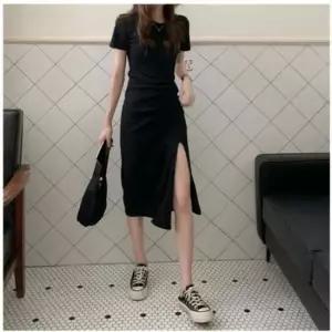 그레이 원피스 블랙 반팔 셔링 트임 반팔원피스