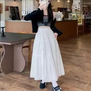 밑단 레이스 플레이 셔링디테일 여성 화이트 롱스커트