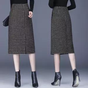 스커트 여성용 미디 모직 일자 추동 체크 우아한 OP3