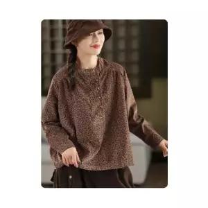 여성용 빈티지 가을 셔츠 스크래치 프린트 코듀로이 차이나 잔줄지 풀오버 OP3