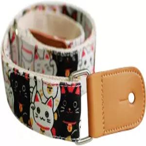 MUSIC FIRST 오리지널 디자인 포춘 캣츠 마네키 네코 부드러운 캔버스와 천연 가죽 우쿨렐레 스트랩 어깨