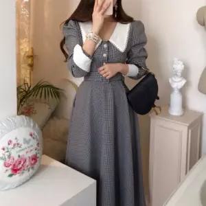 [페이릿][페이릿] [원피스 벨트set]킨 빅카라 버튼 체크 롱 원피스