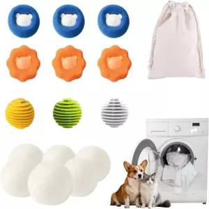 세탁용 재사용 가능한 양모 건조기 공 - 애완동물 헤어 캐처 천연 보푸라기 제거제 콤보 건조 시트 및 세제
