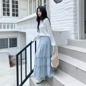 [하프클럽/]여자 폴리코튼 면혼방 체크 프릴 티어드 맥시 스커트