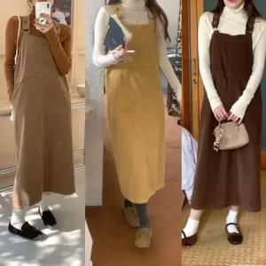 반팔원피스 봄 가을 겨울 스타일 여성 코듀로이 멜빵 원피스