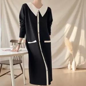 [옷자락]여성 빅카라 배색 롱 원피스 봄 하객룩 버튼사이즈