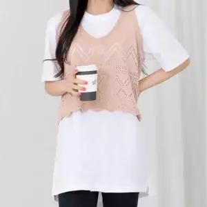 니트조끼 조끼 레이어드 물결무늬 크롭 밑단