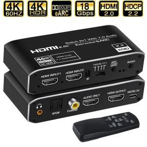 HDMI 스위치 eARC 오디오 추출기  및 광학 토스링크  2.0 4K 애플 호환 TV 플스호환 용 리모컨  2x1  120Hz