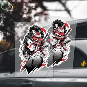 전사 사무라이 소녀 오니 마스크 자동차 스티커  심플 만화 데칼  스크래치 방지 서핑보드 라벨