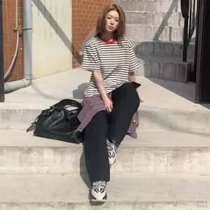 여자 캐주얼 스트라이프 오버핏 반팔티 상의