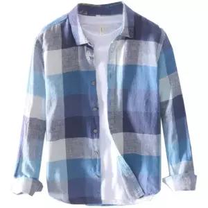 남성 셔츠 캐주얼 린넨 마셔츠 체크 긴팔 반팔셔츠 오픈카라 오버핏 화이트 데님