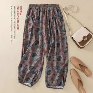 손오공 여름 빈티지 캐주얼 팬츠 여자 데일리룩 와이드 면과 캔버스 루즈 프린트 시골 민속 랜턴 7부팬츠 K