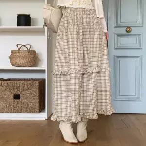[다잇템]여성 고무줄 격자 봄가을 프릴 일상 롱스커트 (47373941)