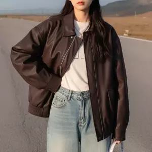 판촉 활동 WAMP 여성 오버핏 집업 가죽 자켓 봄 가을 간절기 가죽 라이더 점퍼 여자 루즈핏 카라넥 레자 레더 잠바 캐주얼 아우터 데일리 겉옷빠른 배송