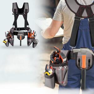 다기능 조절식 허리 공구 벨트, 멜빵 포함, 목수 전기 기술자에게 적합한 헤비 듀티 정리함