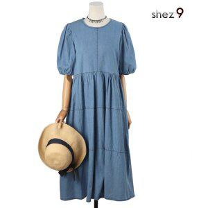 [쉬즈나인]리샤 데님 셔링 원피스