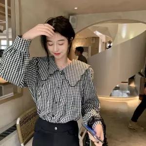 ONM 여자 패턴 루즈핏 포인트 체크 긴팔 블라우스 빅카라