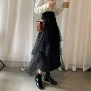 ONM 3단 옆 롱 스커트 끈 여자 기장 망사 레이스 리본