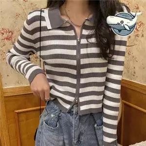 ONM 여자 데일리 스트라이프 크롭 가디건 니트 집업