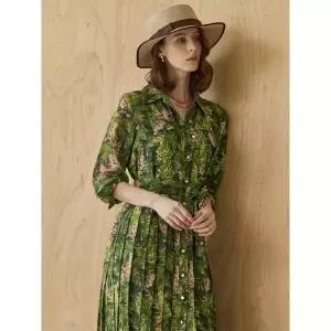 [하프클럽/]보타닉 패턴 벨티드 플리츠 셔츠 롱 원피스