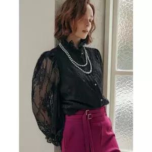 [하프클럽/]프릴 레이스 하이넥 쉬폰 블라우스