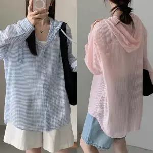 시원한 여성 여름 체크 시어서커 후드 긴팔 롱 셔츠 이너나시 세트 비치룩