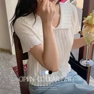 핫핑 [여름니트] 케츠 오픈카라 골지 반팔니트티