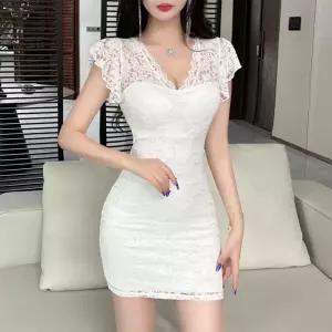 채핏 포네 소매날개 원피스 브이넥 반팔 레이스 미니 ops 시스루 섹시 글램 홀복 