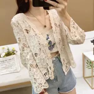 여성 여름 봄 뜨개 크로셰 니트 긴팔 가디건 베이지