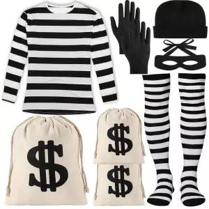 FIOEOZ 할로윈 강도 코스튬 세트, 티셔츠 비니 캡 머니 백 아이 마스크 장갑 포함, 성인 코스프레 테마 생