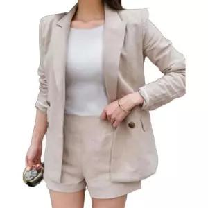 여성린넨반팔수트 여름 베이지 리넨 정장 자켓 하객룩 와이드팬츠 셋업 수트 세트 5부