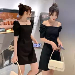 여자 스퀘어넥 퍼프 오프숄더 핀턱 블랙 미니원피스