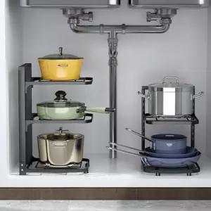 높이조절 주방 수납 거치대 싱크대하부장 후라이팬정리대 냄비 식탁정리함 접시 식기건조대 정리