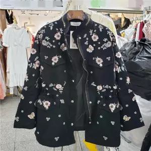 야상 자켓 자수 복고풍 여자 여성 꽃 블랙 빈티지 패션