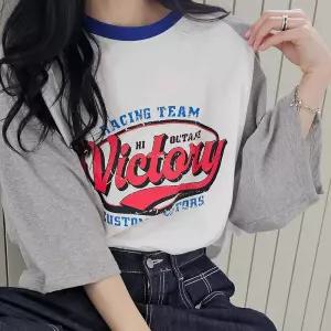 나그랑 프린팅 배색 반팔 롱 티셔츠 면 오버핏 여성 빅사이즈