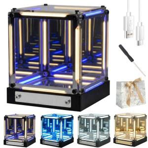 LJXWRF 무한 우주 심연 램프 크리에이티브 4D 나이트 라이트 터치 디밍 가능 인피니티 미러 큐브 충전식 LED 하이퍼 미래형 테크 데코(따뜻하고 파란색)