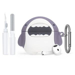 귀여운 동물 에어팟 4 케이스 커버, 3D 재미있는 실리콘 충격 방지 보호 케이스, 4세대 커버와 호환되는 카라비너 & 클리너 키트, 빅 마우스 샤크