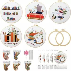 CMINAUS 5세트 자수 키트 스타터 책 패턴 핸드 크루엘 니들포인트 크로스 스티치 후프 컬러 실 바늘 2개