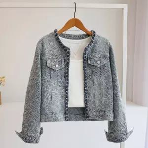 [잇수다] 휴블러 페이즐리 트위드 라인배색 노카라 라운드 데님 자켓