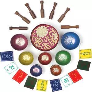 ESK GROUP 티베트 싱잉볼 7종 세트 차크라 색상 장식 히말라야 (각인 심볼 포함) 수제 제작 실크 쿠션 스틱