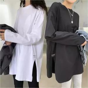 여성 롱티셔츠 힙덮는 기장 무지 옆트임 긴팔티 2컬러