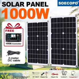 SOECOPO 1000W  100A 컨트롤러 휴대용 태양광 패널 키트 2x500W DC 18V 캠핑용 USB 5V 충전기 포함