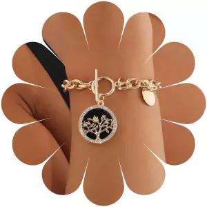 쥬기엘루 빈티지 라이프 트리 코인 팔찌 골드 청키 링크 체인 반짝이는 크리스탈 CZ 펜던트 토글 원형