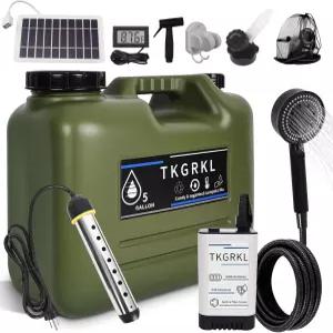 히터와 5갤런 물통이 있는 캠핑 샤워기 6000mAh 충전식 휴대용 1500w 몰입형 자동 차단 기능 USB 태양광