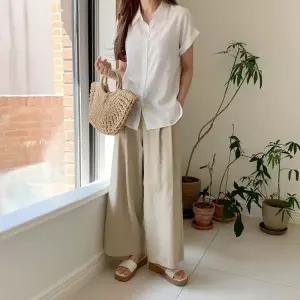 [다잇템] 여자 클래식 베이직 빅사이즈 남방 데일리 카라 반소매 폴딩 코튼 블라우스