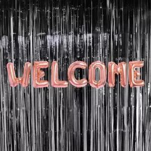 은박 풍선 웰컴 로즈골드 + 커튼 블랙 세트 파티 장식