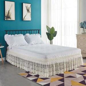 DREFEEL 레이스 침대 러플 화이트 트리밍 탄력 베이지 더스트 스커트