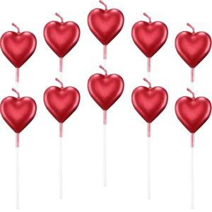 결혼식, 기념일, 로맨틱 나이트, 어버이날, 파티 장식용 BBTO 메탈릭 하트 생일 케이크 캔들 컵케이크 토퍼 디저트 홀더 (10, 레드)